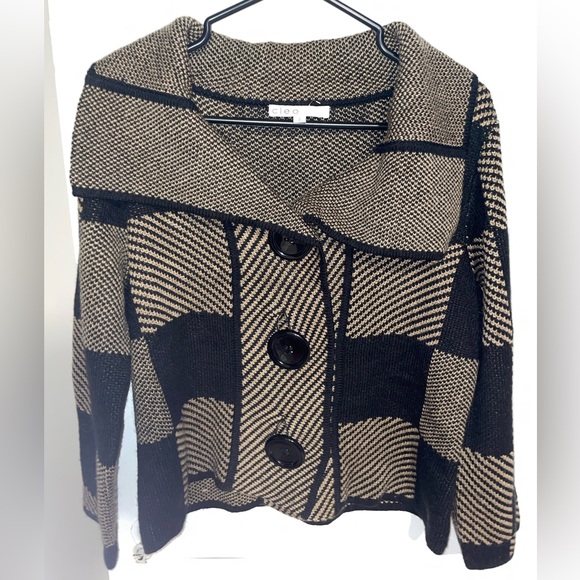 CLEO Brown & Black Button Knit Cowl Neck Sweater Jacket Size Small - Picture 1 of 5